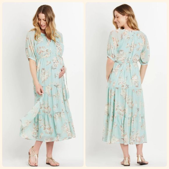 Motherhood Maternity Green Floral Medium Chiffon Tiered Midi Maternity Dress